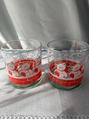 Set of 2 Vintage 80s Teddy Bear Christmas Juice Glasses